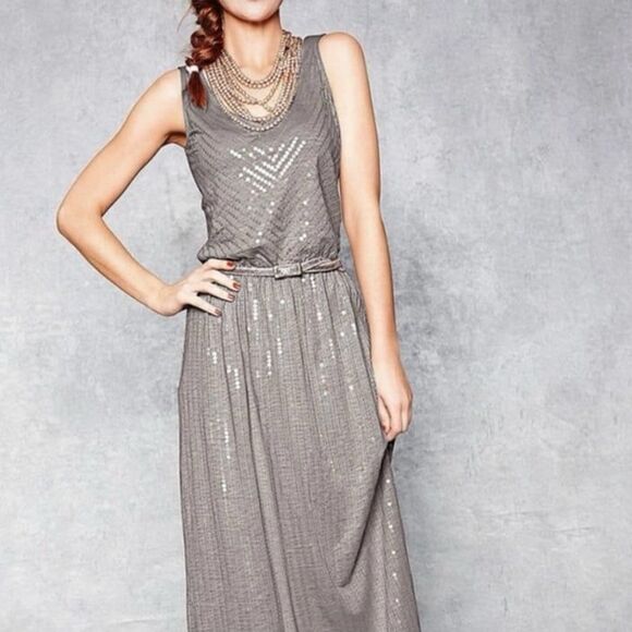 Garnet Hill sequin grey gray silver maxi dress - Picture 1 of 6